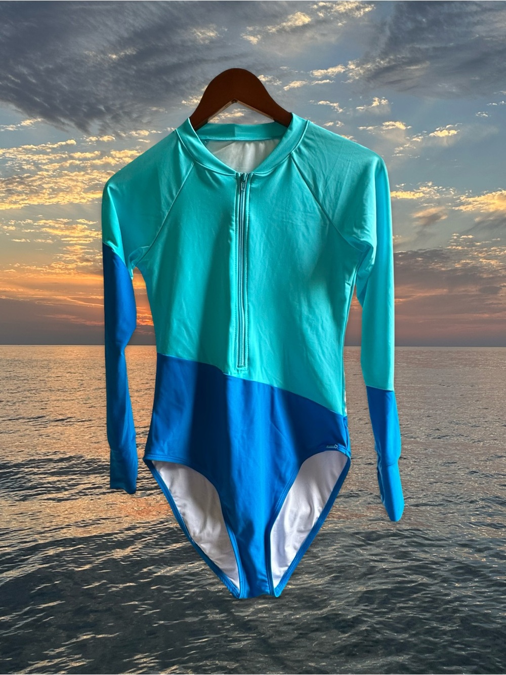 RELLECIGA Women Long Sleeve Rash Guard One Piece Swimsuit Colorblock Zip Front S